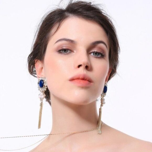 Blue Rhinestone Crystal Pearl Tassel Fringe Gold Clip On Statement Earrings - Picture 2 of 13